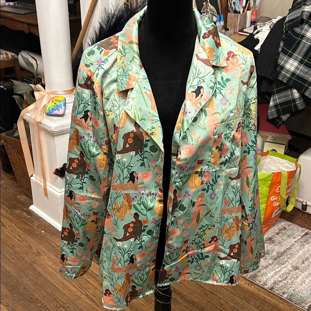 Mint Green Printed Satin Pajama Top - Women's Lightweight